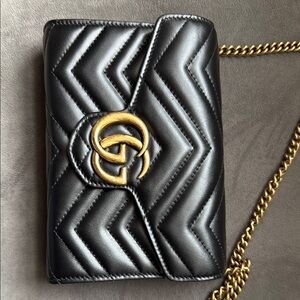 Gucci Black Gold Crossbody Bag with Gucci Buckle leather belt.